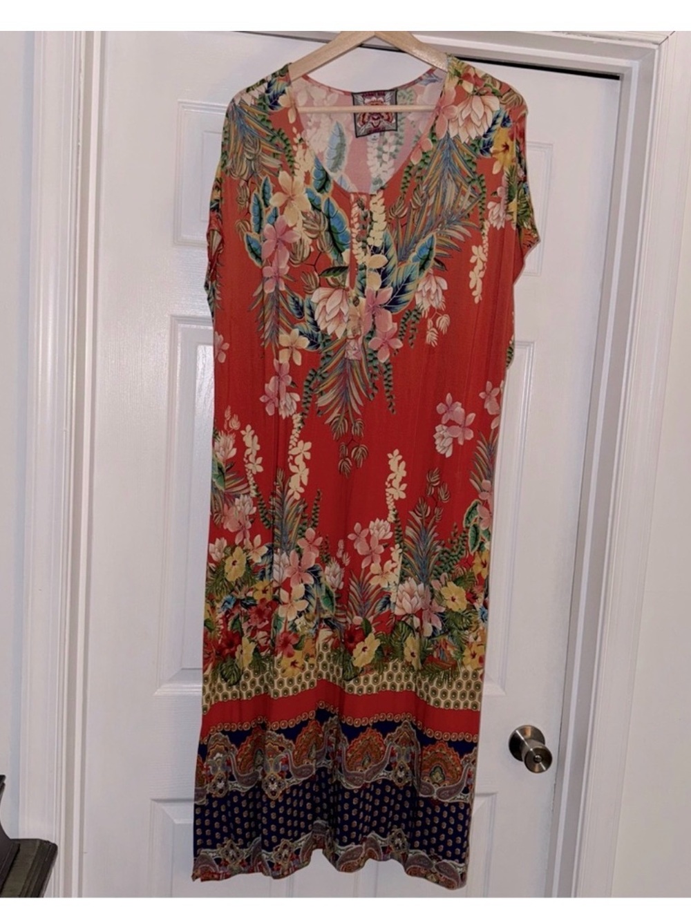 Johnny Was Rapsodia Henley Maxi Dress Cap Sleeves XL Salmon Floral - Picture 2 of 5